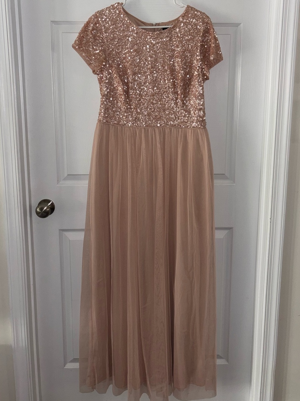 Adrianna Papell Gown Sequins Dress Tulle A Line Blush Pink Rose Gold Sz 14